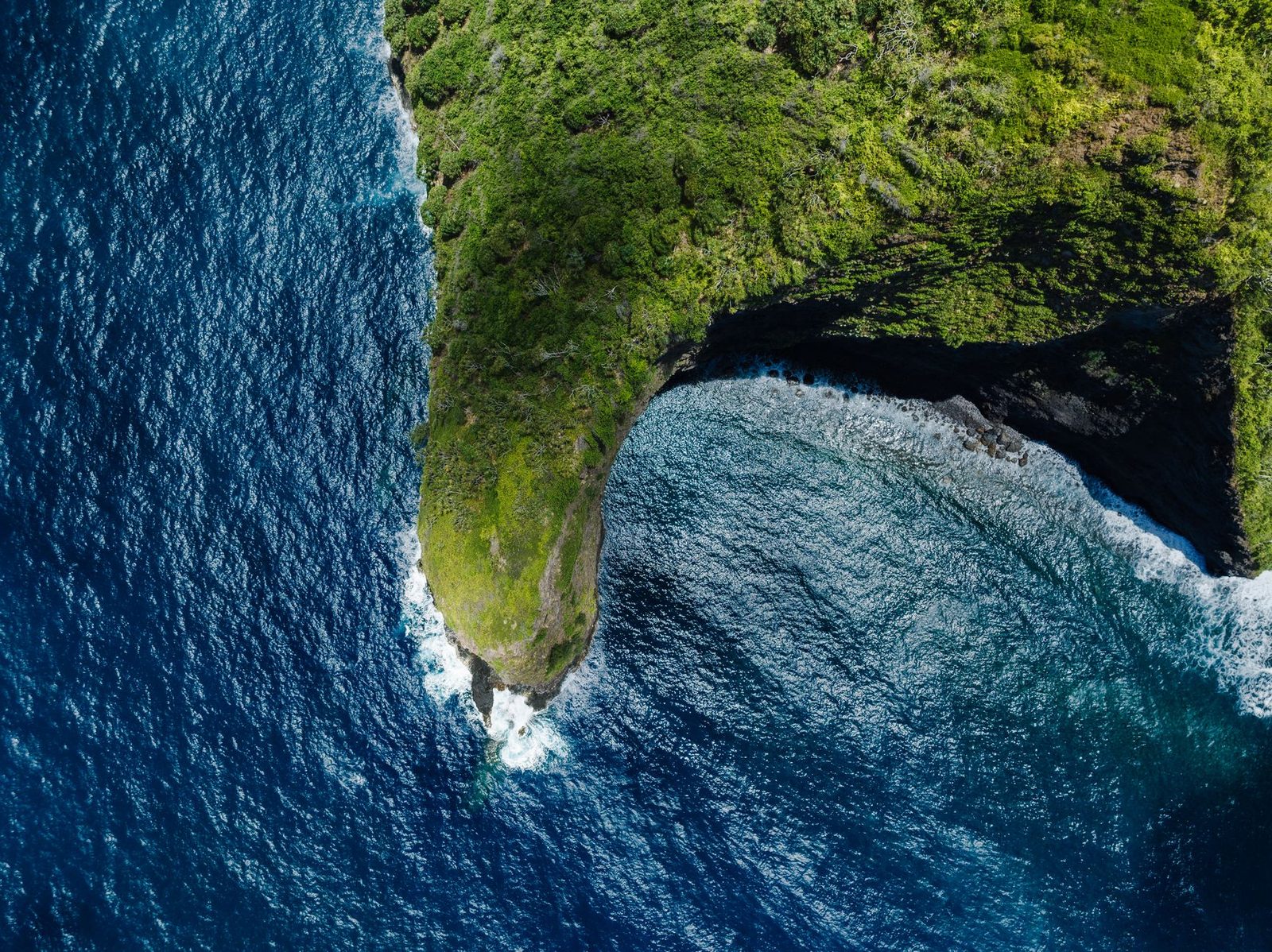 A green Hawaiian headland dropping into deep blue open ocean, seen from directly above